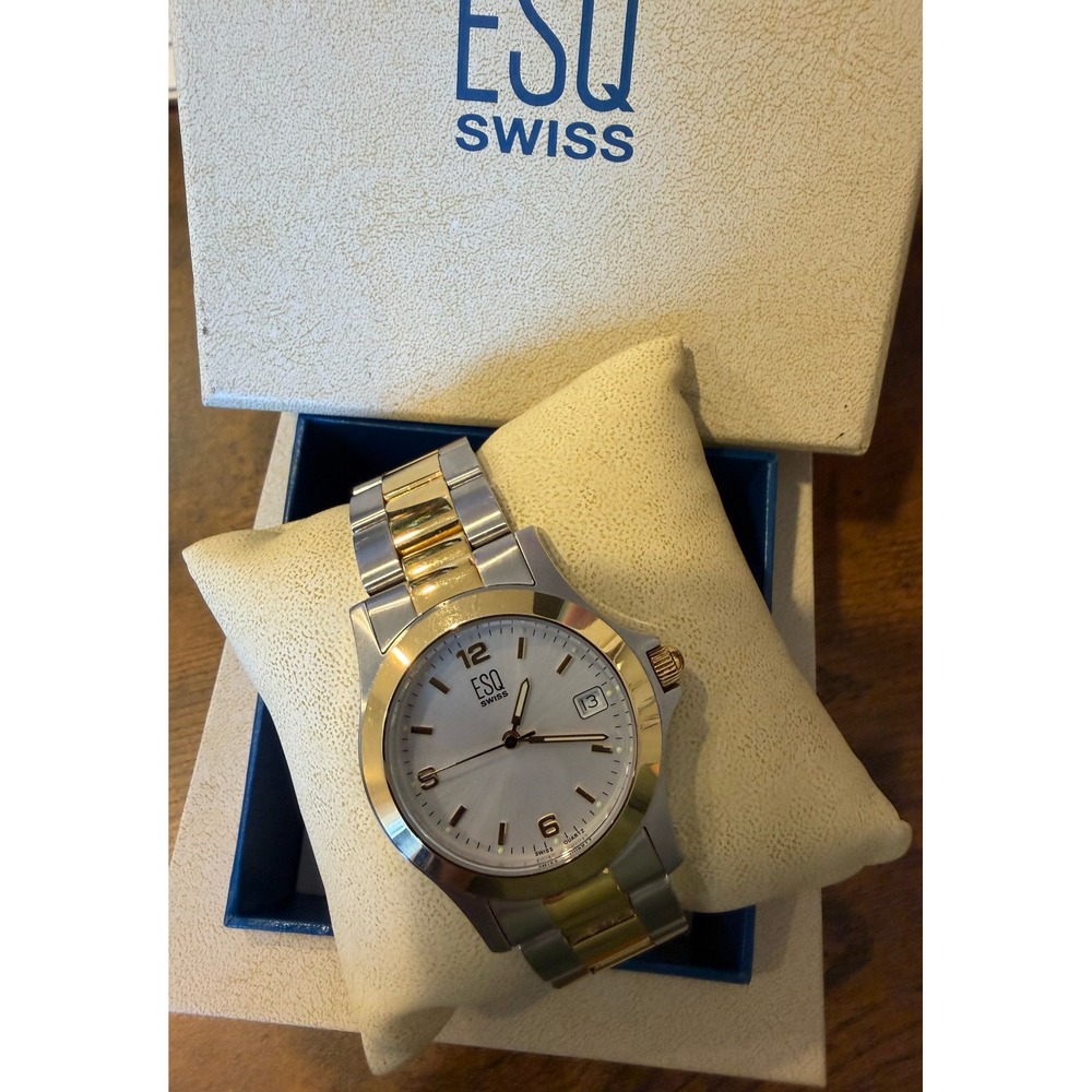 ESQ Swiss E5296 Men's Two Tone Stainless Steel Quartz Watch Silver Dial Box